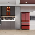 Modern Open Kitchen Interior With Red Refrigerator Gray Cabinets And White Appliances