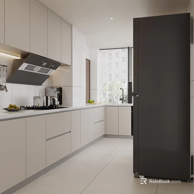 Modern Kitchen Interior With White Cabinets Black Range Hood And Window Appliances 3d model