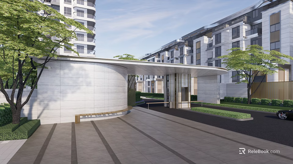 Modern Entrance Gate With Paved Walkway And Green Landscaping Near Apartment Buildings 3d model 