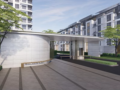 Modern Entrance Gate With Paved Walkway And Green Landscaping Near Apartment Buildings 3d model
