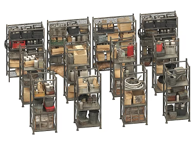 Industrial Metal Storage Shelves With Various Boxes Barrels And Tools 3d model