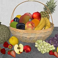 Assorted Fresh Fruits In Wicker Basket With Pineapple Apple Banana Cantaloupe Grapes And Strawberries