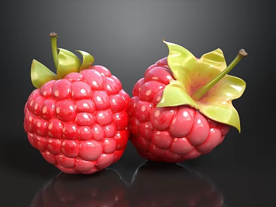Two Red Raspberries With Green Leaves On Black Background And Reflection 3d model