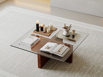 Coffee Table Solid Wood Coffee Table Glass Coffee Table Candle Acrylic Book Carpet Aromatherapy Decoration Ornaments 3d model