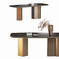 Elegant Black Marble Dining Table With Gold Legs And Decorative Vase 3d model
