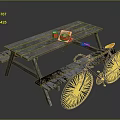 Outdoor Wooden Picnic Table With Hamburger Red Drink Mobile Phone And Black Bicycle