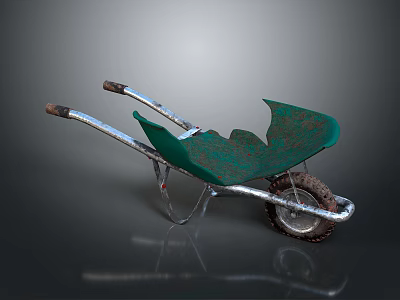 Green Wheelbarrow With Silver Metal Frame And Single Worn Wheel On Gray Background 3d model