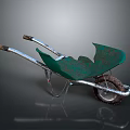 Green Wheelbarrow With Silver Metal Frame And Single Worn Wheel On Gray Background