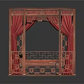 Traditional Chinese Carved Redwood Bed With Red Curtains Carved Railings And Small Stool