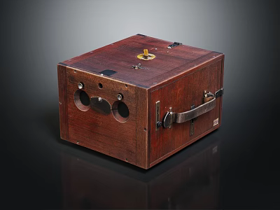 Vintage Electronic Device With Wooden Case And Metal Components Featuring Circular Holes And Knob 3d model