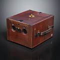 Vintage Electronic Device With Wooden Case And Metal Components Featuring Circular Holes And Knob