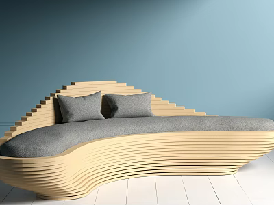 Unique Wave Shaped Sofa With Wooden Structure Gray Cushions And White Floor 3d model Unique Wave Shaped Sofa With Wooden Structure Gray Cushions And White Floor 3d model
