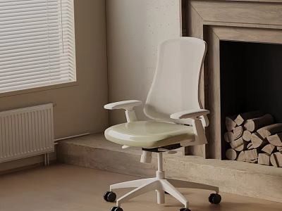 Modern White Office Chair with Armrests Light Seat in Minimalist Room with Fireplace and Blinds 3d model