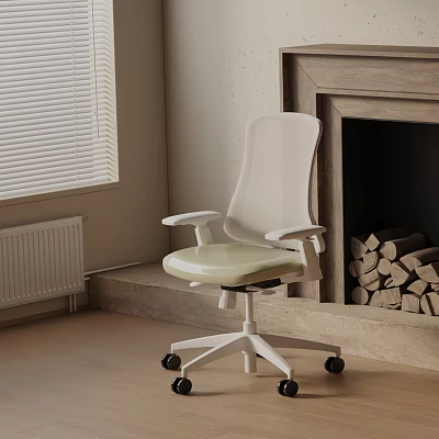 Modern White Office Chair with Armrests Light Seat in Minimalist Room with Fireplace and Blinds 3d model