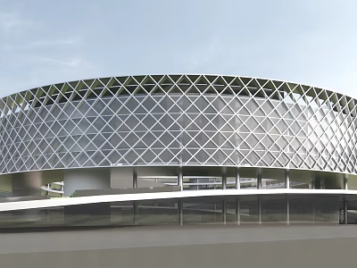 Modern Circular Office Building With Geometric Grid Facade And Glass Steel Structure Design 3d model