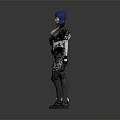 Blue Haired Female Futuristic Combat Character In Green White Armored Tactical Gear With Grey Background