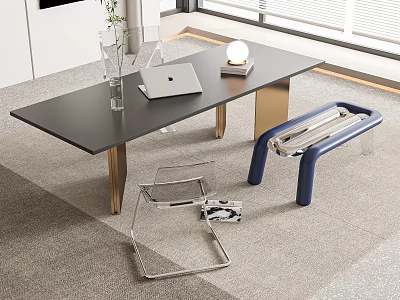 Modern Black Desk With Laptop Table Lamp Plant Vase And Golden Metal Legs Chair 3d model