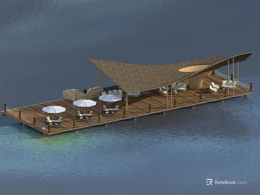 Wooden Curved Roof Pergola on Overwater Platform with Umbrellas and Chairs 3d model 