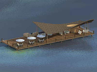 Wooden Curved Roof Pergola on Overwater Platform with Umbrellas and Chairs 3d model