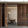 Wooden Slatted Folding Doors in Modern Interior With Chair Floor Lamp And Plant