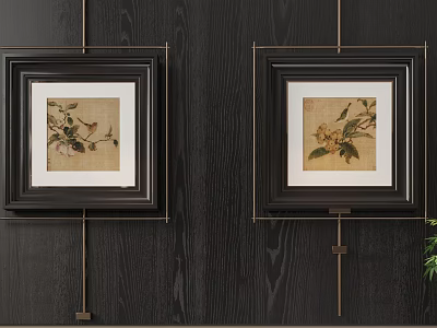 Framed Flower Paintings On Dark Wooden Wall With Black Frames And Green Plant 3d model