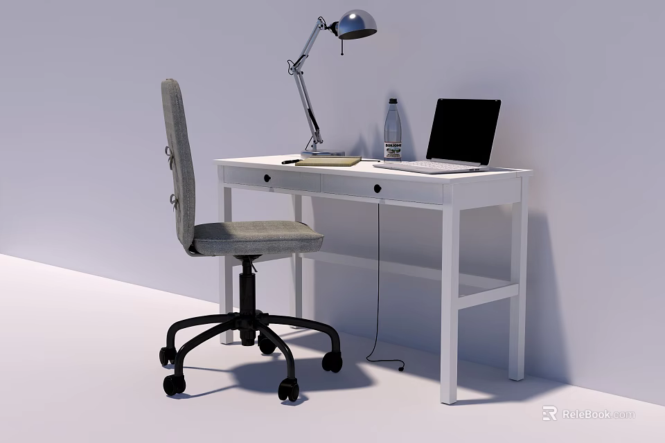 White Desk Setup With Silver Lamp Laptop And Gray Office Chair 3d model 