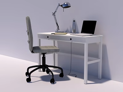 White Desk Setup With Silver Lamp Laptop And Gray Office Chair 3d model