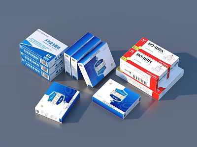 Multiple Medicine Boxes With Blue White Red Color Packaging And PO WUYA Brand 3d model