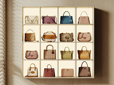 Elegant Bag Display Case Featuring Multiple Designer Handbags In Various Colors And Styles 3d model