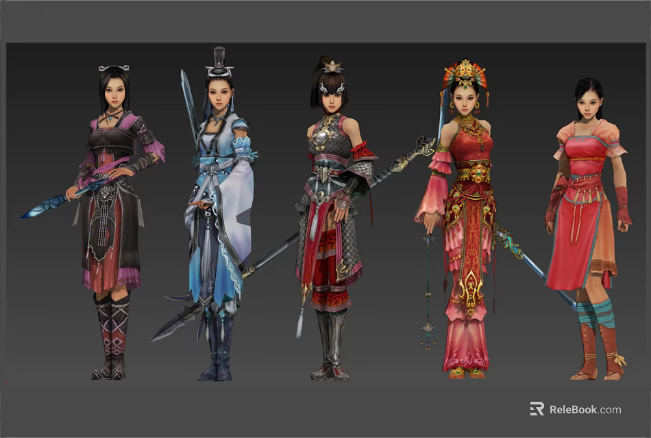 Traditional Ancient Chinese Female Warrior Characters In Colorful Elegant Costumes With Weapons 3d model 