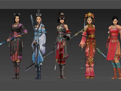 Traditional Ancient Chinese Female Warrior Characters In Colorful Elegant Costumes With Weapons 3d model