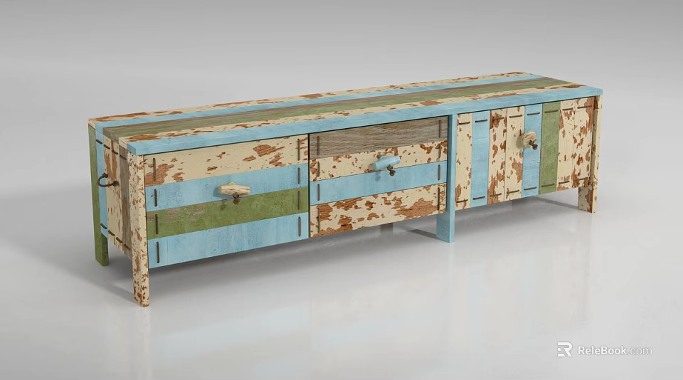 Rustic Multicolor TV Stand With Distressed Texture Drawers Cabinets And Metal Handles 3d model 