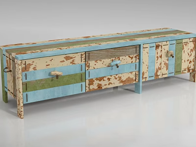 Rustic Multicolor TV Stand With Distressed Texture Drawers Cabinets And Metal Handles 3d model