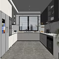 Modern Kitchen Interior With White Black Cabinets Large Window And Marble Countertop 3d model