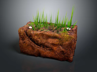 Cartoon Scene of Smiling Brown Rock With Green Grass and Small White Mushrooms 3d model