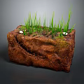 Cartoon Scene of Smiling Brown Rock With Green Grass and Small White Mushrooms