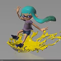 Cartoon Character With Teal Hair Purple Glasses Standing On Yellow Liquid Splash In Dynamic Pose