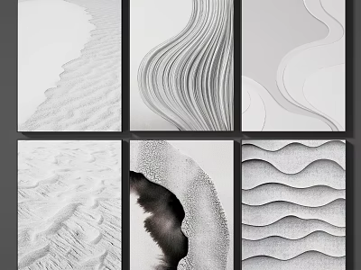 Six Abstract Black White Wall Art Pieces With Textured Wave Patterns For Modern Home Decor 3d model