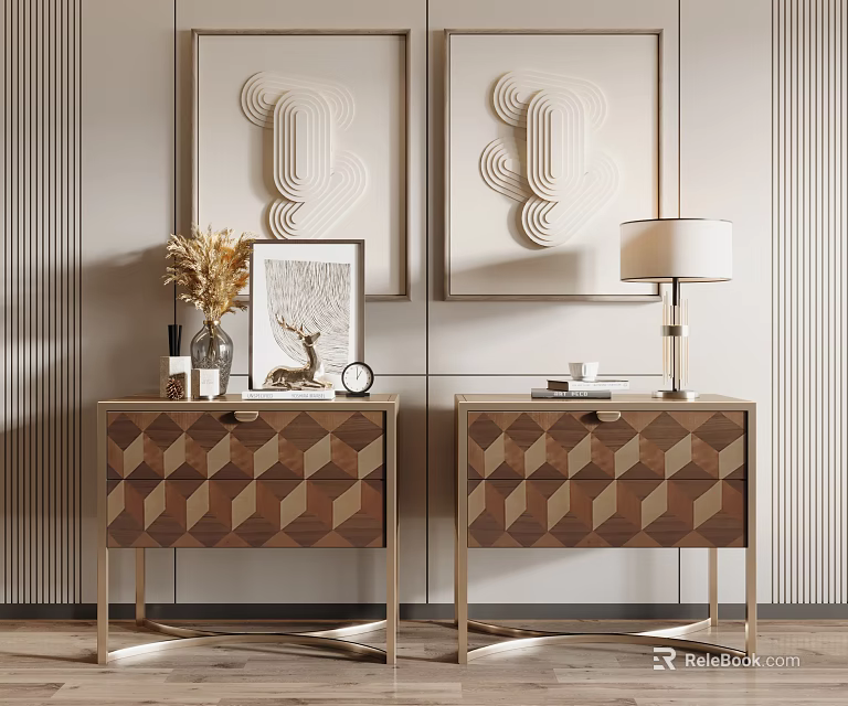 Geometric Pattern Wooden Nightstands with Gold Frame Table Lamp and Decorations on Striped Wall 3d model 