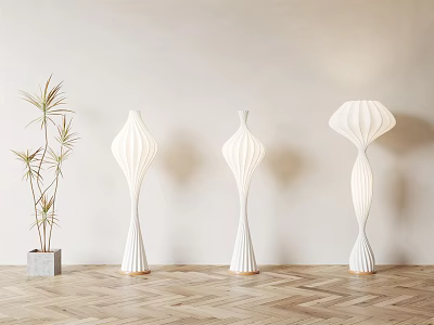 Three Curved White Floor Lamps In Light Wall Room With Wooden Floor And Potted Plant 3d model