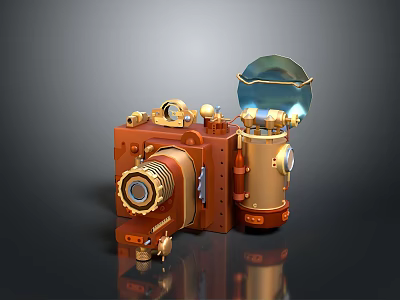 Vintage Style Computer With Brass Wooden Elements Transparent Dome Lens Like Components And Knobs 3d model