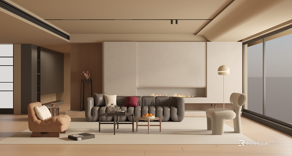 Modern Luxury Living Room Interior With Grey Sofa Beige Walls Floor Lamp And Coffee Table 3d model 