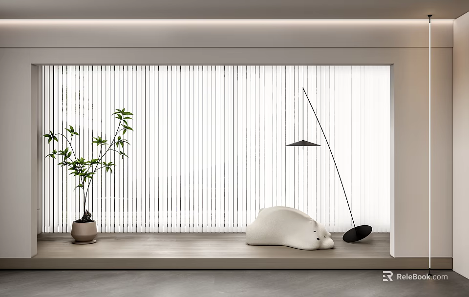 Modern Vertical Blinds Window Treatment In Bright Living Room With Plant Decor 3d model 