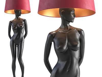 Abstract Black Figurine Floor Lamp With Red Lampshade And Warm Yellow Light 3d model