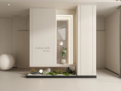 White Modern Room Divider With Illuminated Niche And Small Garden Stones 3d model