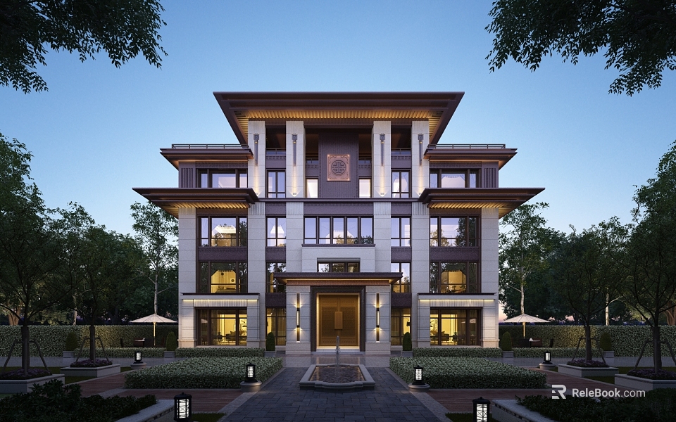 Chinese Style Detached Villa With Multi Story White Dark Exterior Front Courtyard Evening Illumination 3d model 