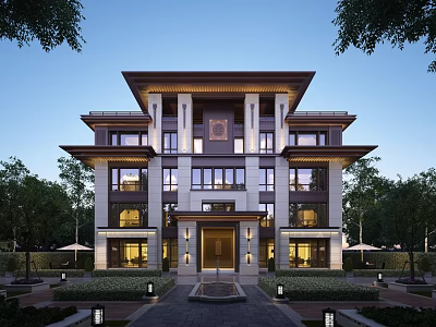 Chinese Style Detached Villa With Multi Story White Dark Exterior Front Courtyard Evening Illumination 3d model