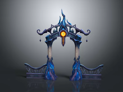 Ornate Fantasy Entrance Gate With Blue Purple Decor Glowing Yellow Orb And Pillars 3d model