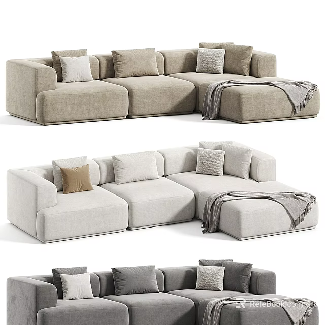 Modern L shaped Sectional Sofa With Plush Cushions And Cozy Throw Blanket 3d model 
