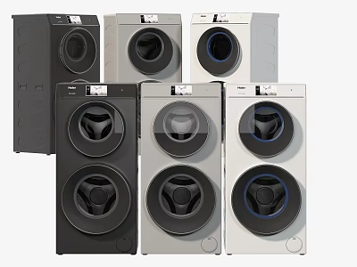Six Modern Front Load Washing Machines in Black Gray White Colors 3d model
